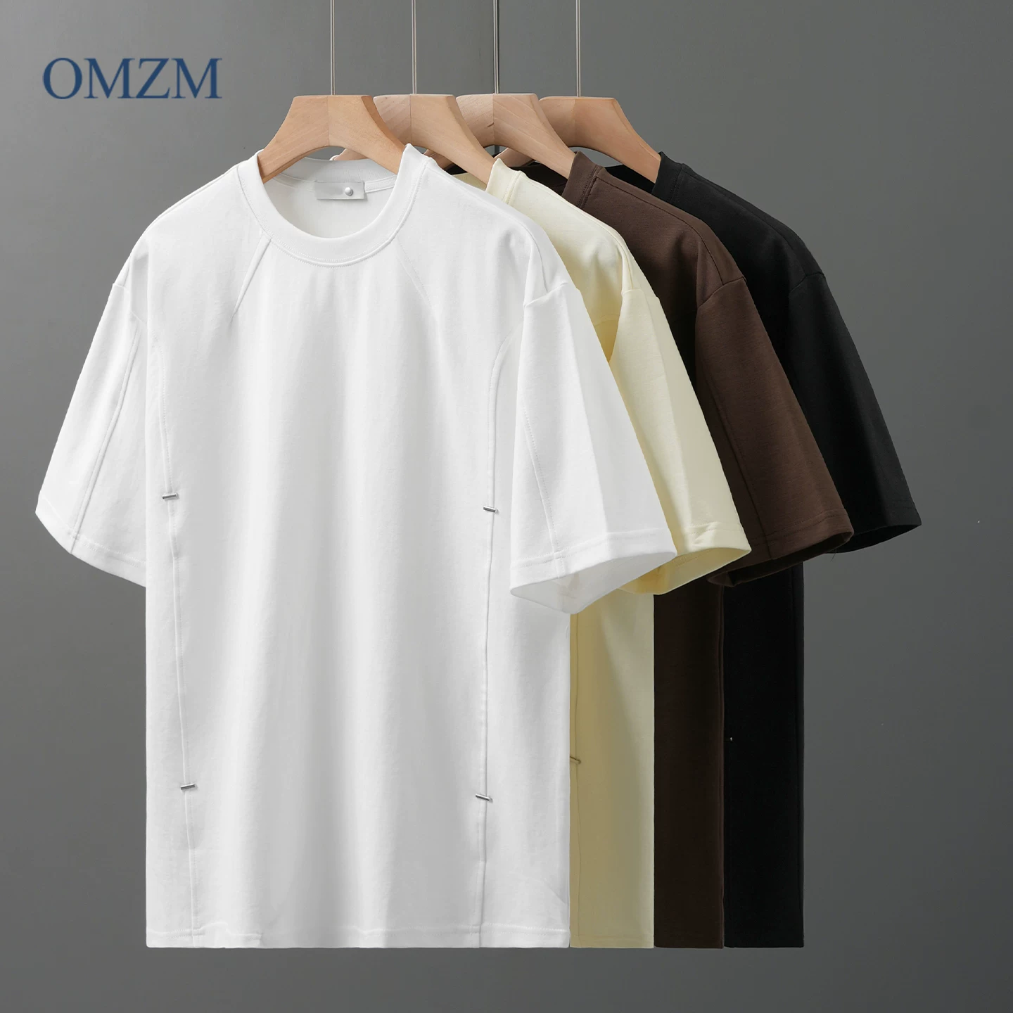 OMZM Áo thun cotton lụa mát lạnh nam ngắn tay mùa hè dáng rộng cổ tròn màu trơn nửa tay áo kiểu Mỹ cổ điển nối áo thun
