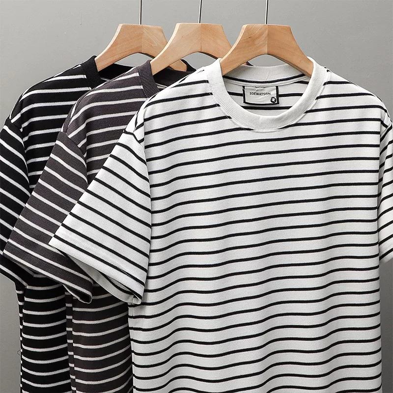 Áo thun ngắn tay sọc nặng 300g phong cách Mỹ OMZM dành cho nam, áo sơ mi thủy thủ cổ điển phối màu mùa hè, tay lửng cổ tròn rộng rãi