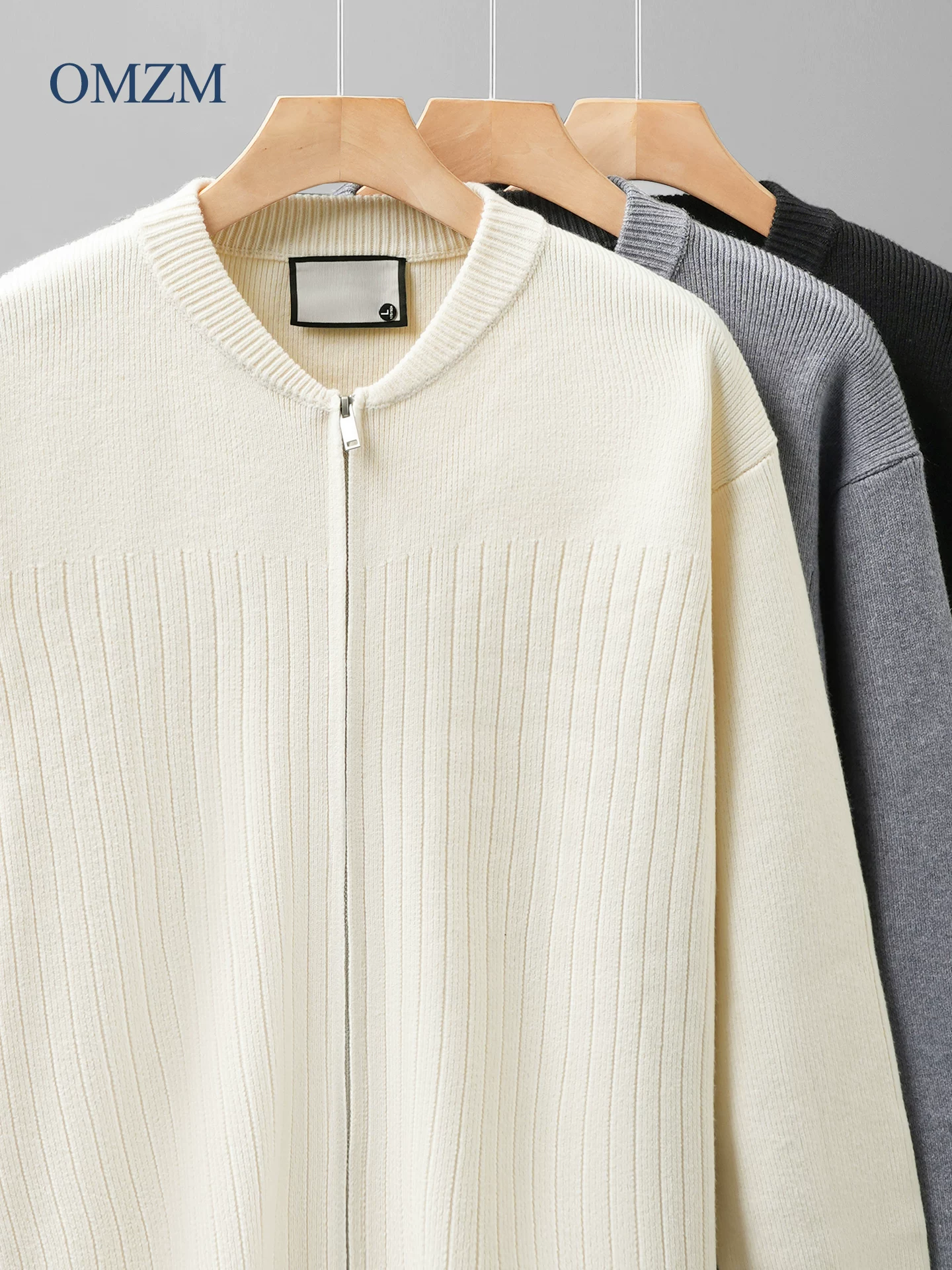 OMZM hạng nặng bóng chày cổ áo dệt kim áo khoác nam mùa thu phong cách Mỹ ấm áp dây kéo áo len cardigan màu trơn dệt kim
