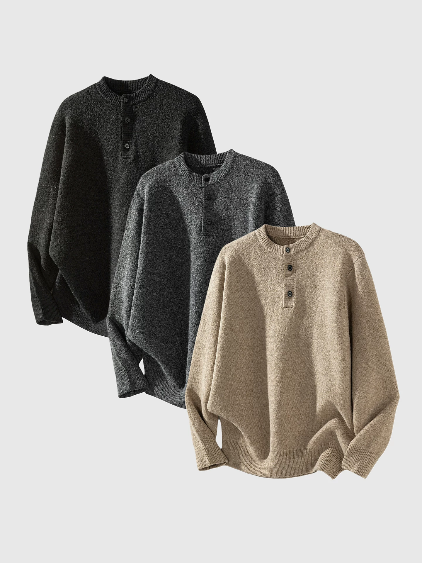 Áo len cổ Henry phong cách tiền cổ điển OMZM dành cho nam, mùa đông kiểu Mỹ cổ điển, dáng rộng, mặc lót bên trong, kiểu dáng oversized