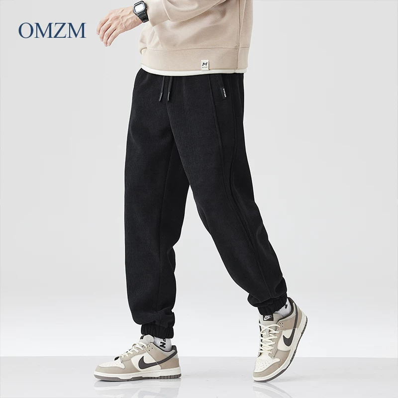 Quần nhung dày dặn OMZM dành cho nam, quần jogger dày dặn lót lông cừu mùa đông, quần thể thao ống côn rộng, quần dài thường ngày.