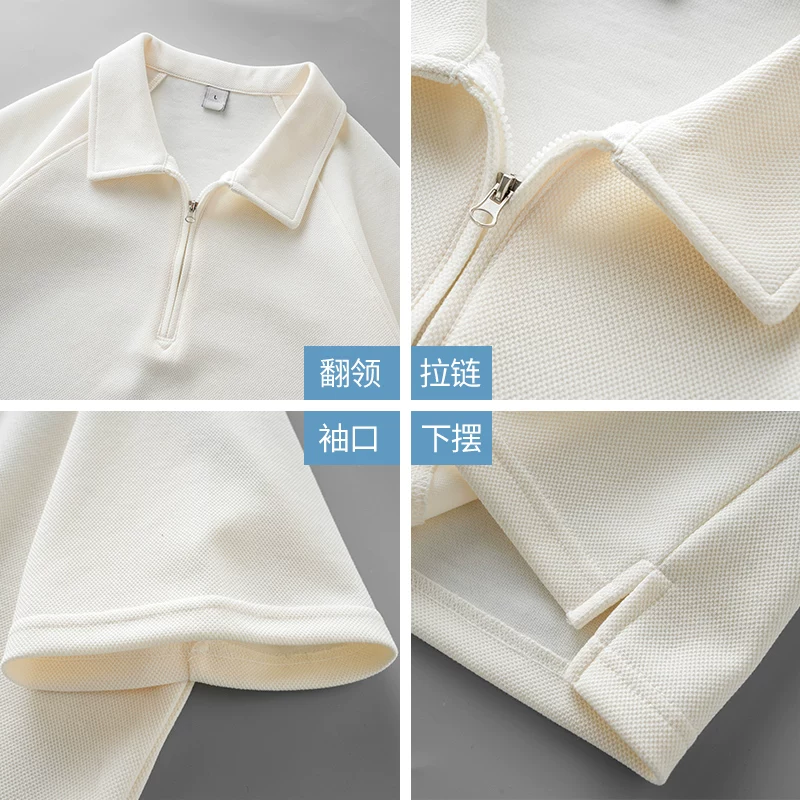 Áo polo nam chất liệu cotton pique dày 250G, tay ngắn, mùa hè 2025, kiểu mới, cổ nửa khóa kéo, màu trơn, tay lửng