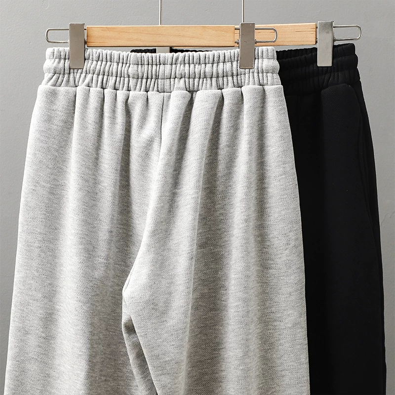 Quần thể thao chắp vá hạng nặng kiểu Mỹ của OMZM dành cho nam, quần jogger dày lót lông cừu mùa đông, quần dài thể thao dáng rộng màu xám
