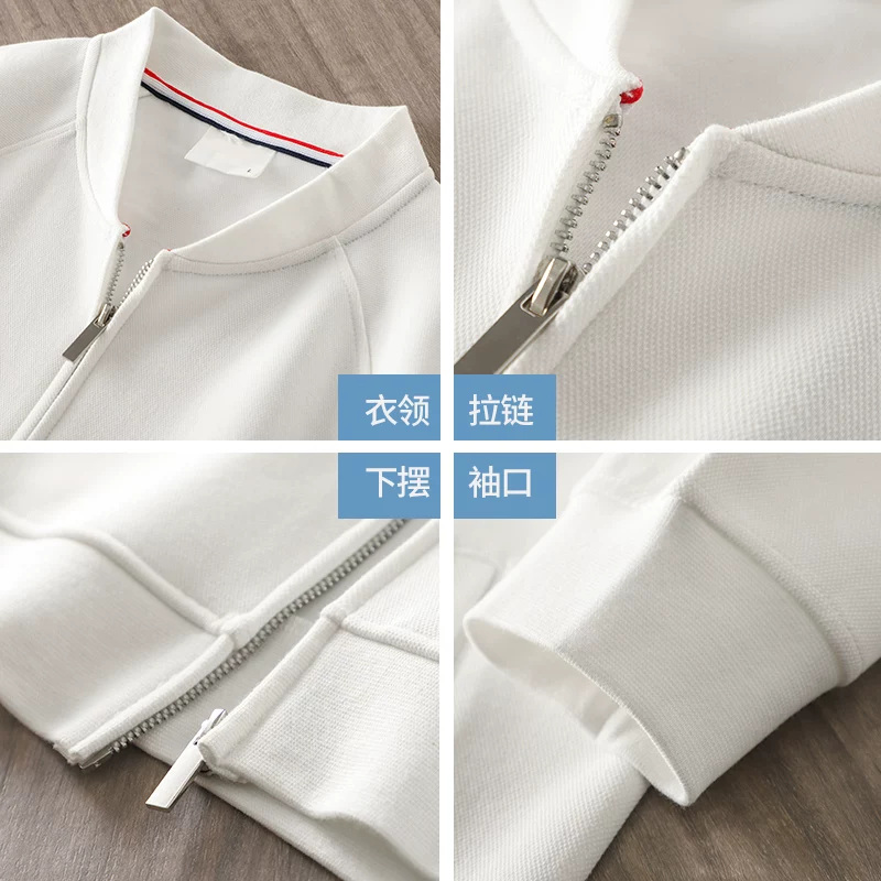 Áo khoác cardigan sọc kiểu Mỹ OMZM dành cho nam, áo khoác bóng chày cổ đứng dáng rộng mùa thu đông có ba sọc, áo khoác nỉ màu xám