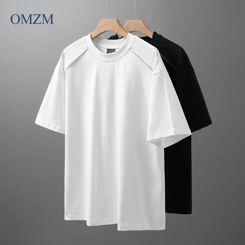 OMZM300G Áo thun cotton nguyên chất hạng nặng sợi đôi nam ngắn tay mùa hè kiểu Mỹ áo thun cổ tròn dáng rộng màu trắng tinh khiết nửa tay