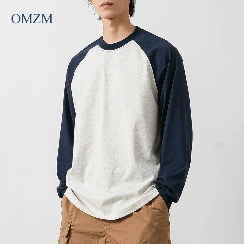 Áo thun dài tay kiểu raglan nặng 260g kiểu Mỹ OMZM dành cho nam, áo sơ mi dáng rộng mặc được cả mùa xuân và mùa thu, áo len cổ tròn phối màu.