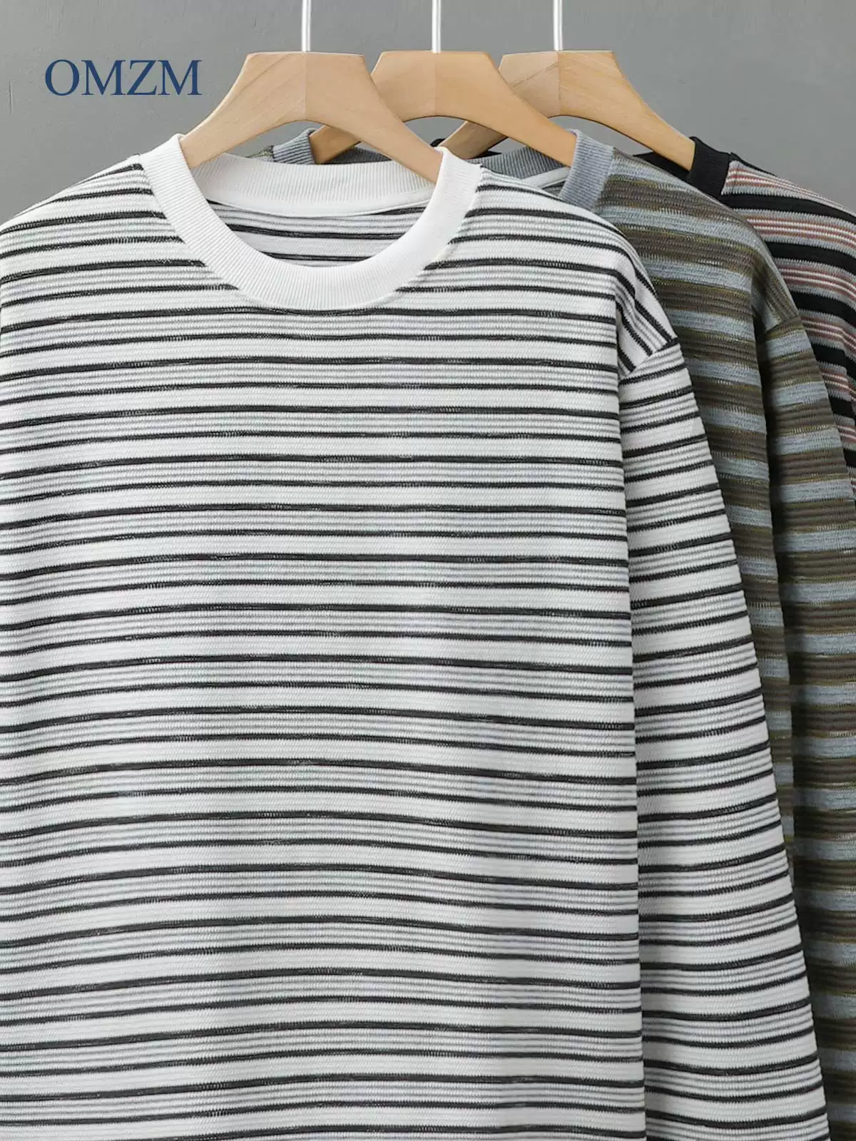 Áo thun dài tay sọc hạng nặng OMZM300G dành cho nam, dáng rộng mùa thu, áo nỉ phối màu cổ điển Nhật Bản, áo sơ mi cổ tròn