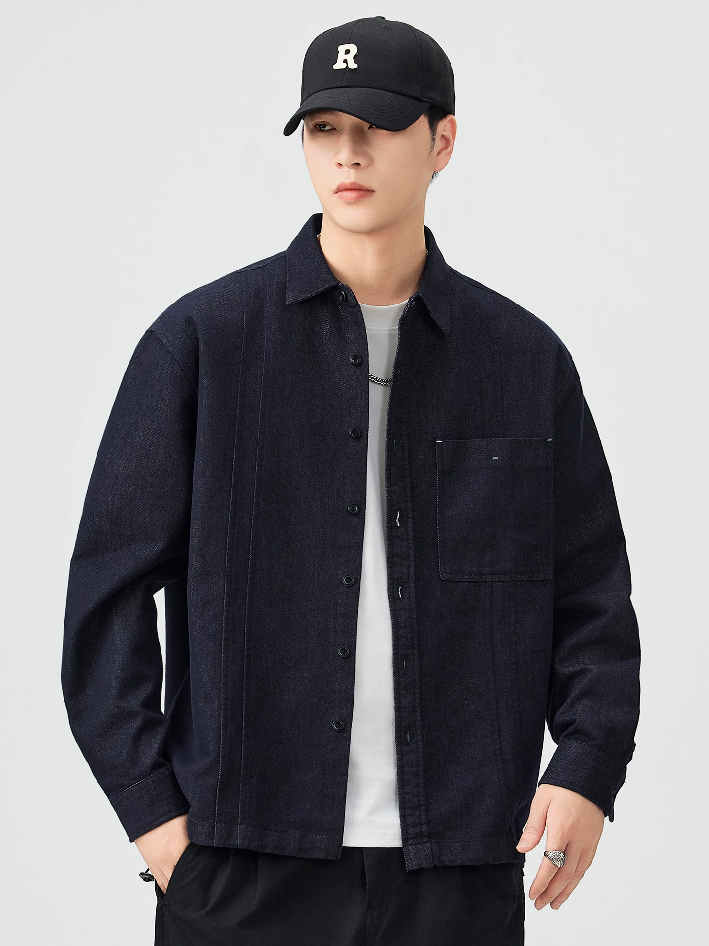 Áo sơ mi dài tay denim OMZM Lyocell dành cho nam, áo sơ mi màu trơn cổ điển mùa thu của Mỹ, áo khoác bảo hộ lao động rộng rãi kiểu dáng cũ kỹ