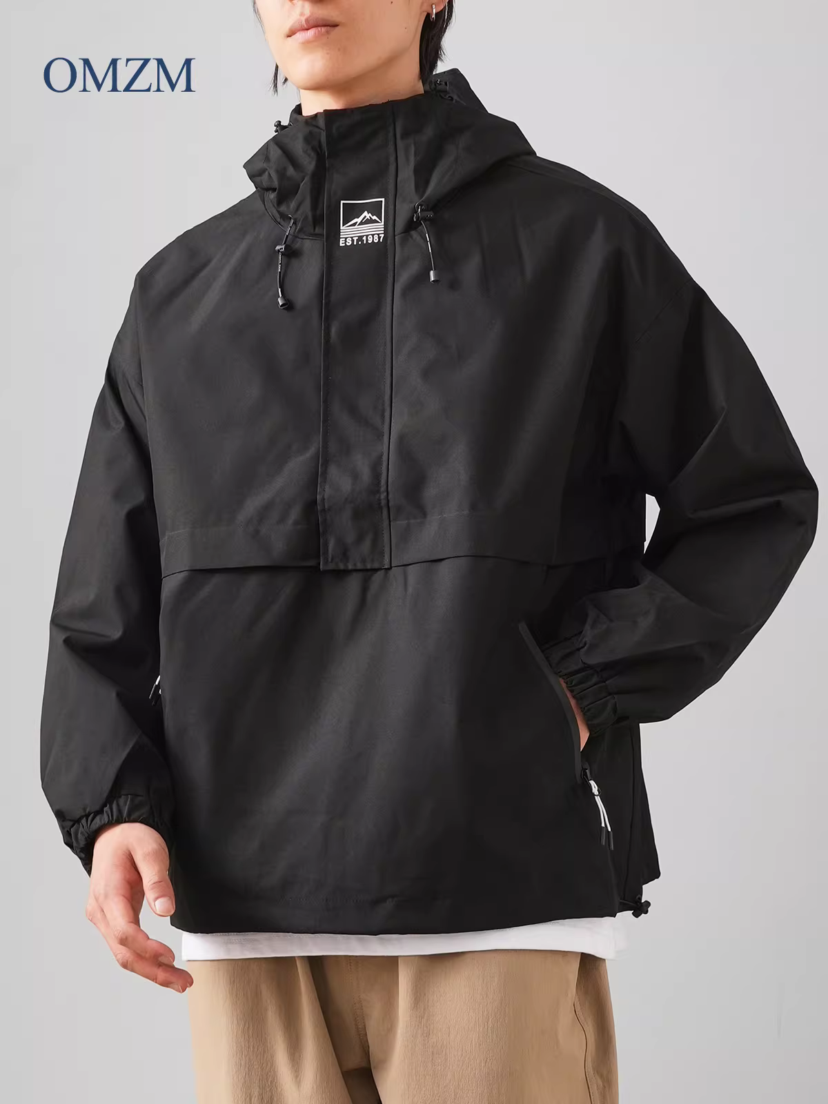 Áo khoác ngoài trời có mũ trùm đầu kiểu Mỹ OMZM dành cho nam, áo khoác chống thấm nước và gió mùa thu, áo khoác có túi nửa khóa kéo, áo chui đầu