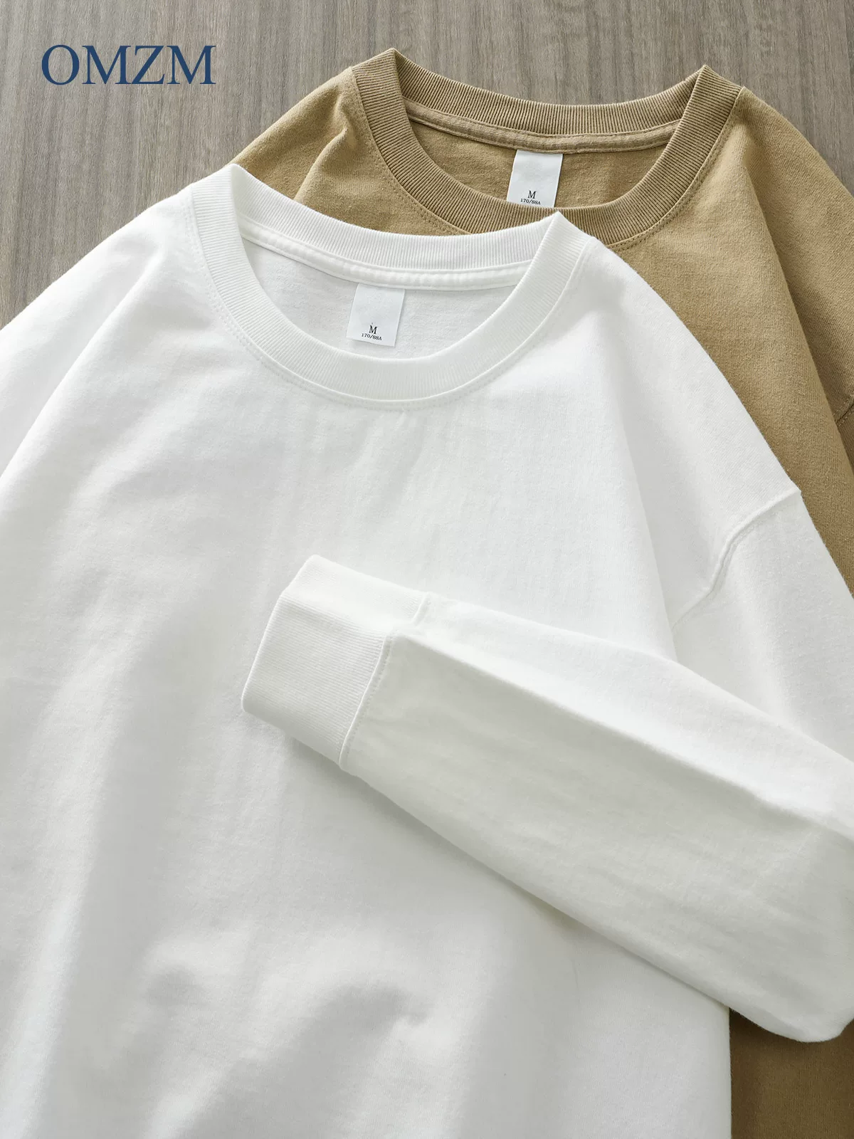 Áo thun dài tay hạng nặng OMZM400g dành cho nam, áo len cổ tròn dáng rộng mùa xuân, chất liệu cotton nguyên chất, màu trắng tinh khiết, áo sơ mi cổ nhỏ