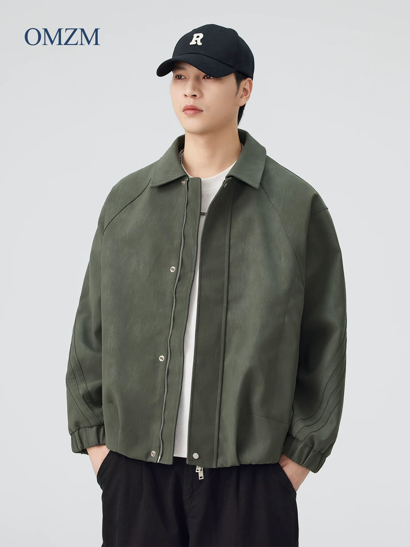 Áo khoác da PU kiểu Mỹ OMZM dành cho nam, áo khoác cơ bản cổ điển cao cấp mùa thu, áo khoác công sở dáng rộng có ve áo