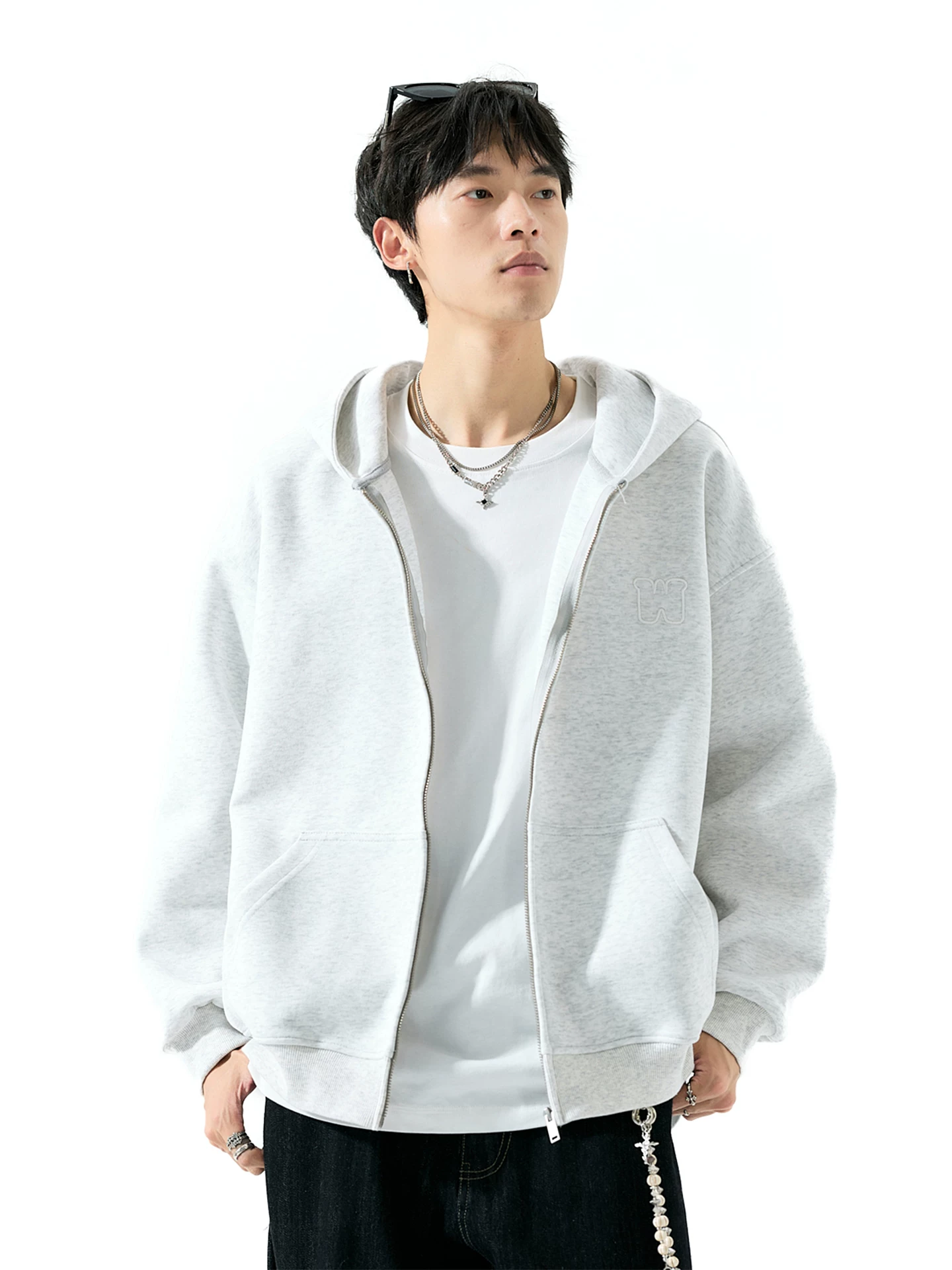 OMZM450G hạng nặng áo len cardigan nam mùa thu phong cách Mỹ thêu chữ có mũ trùm đầu áo khoác dây kéo áo khoác rộng