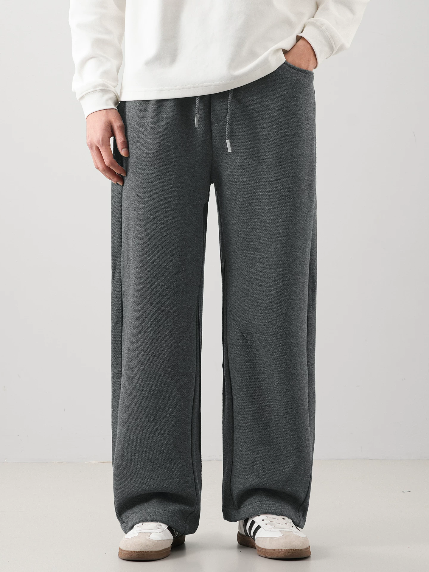 Quần len nặng OMZM dành cho nam, quần ống rộng ống thẳng dày lót lông cừu mùa đông, quần thường ngày len ấm cao cấp