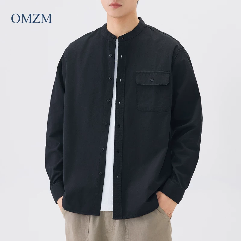 Áo sơ mi cổ đứng bằng cotton nguyên chất hạng nặng OMZM dành cho nam, dài tay, áo sơ mi trắng phong cách Trung Quốc mới mùa thu, áo khoác công sở dáng rộng thông thường