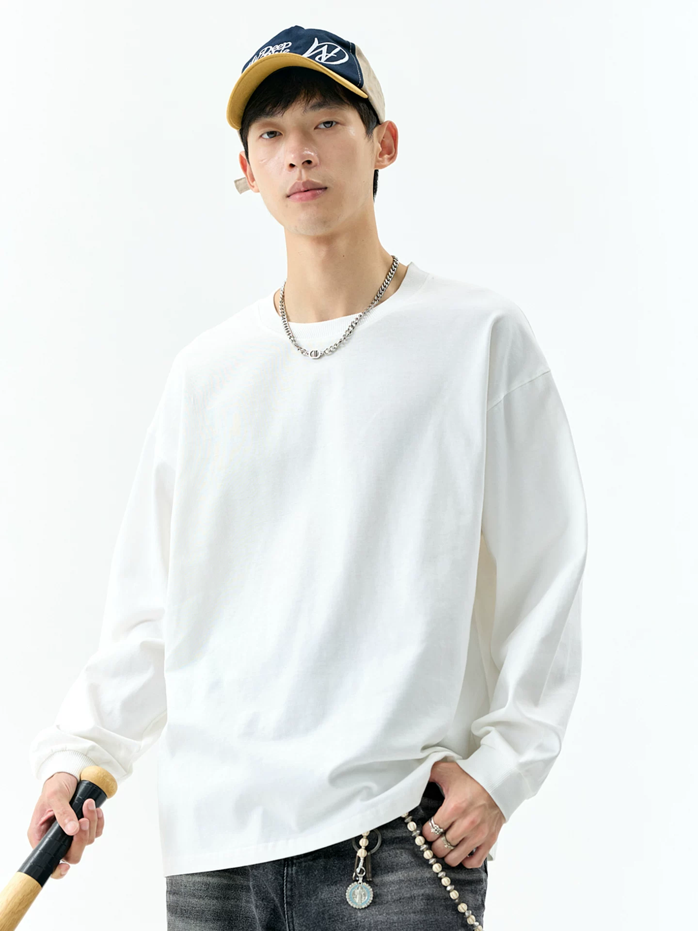 Áo thun dài tay bằng cotton nguyên chất hạng nặng OMZM300G dành cho nam, áo sơ mi cổ tròn dáng rộng phong cách Mỹ mùa thu, áo len màu trơn