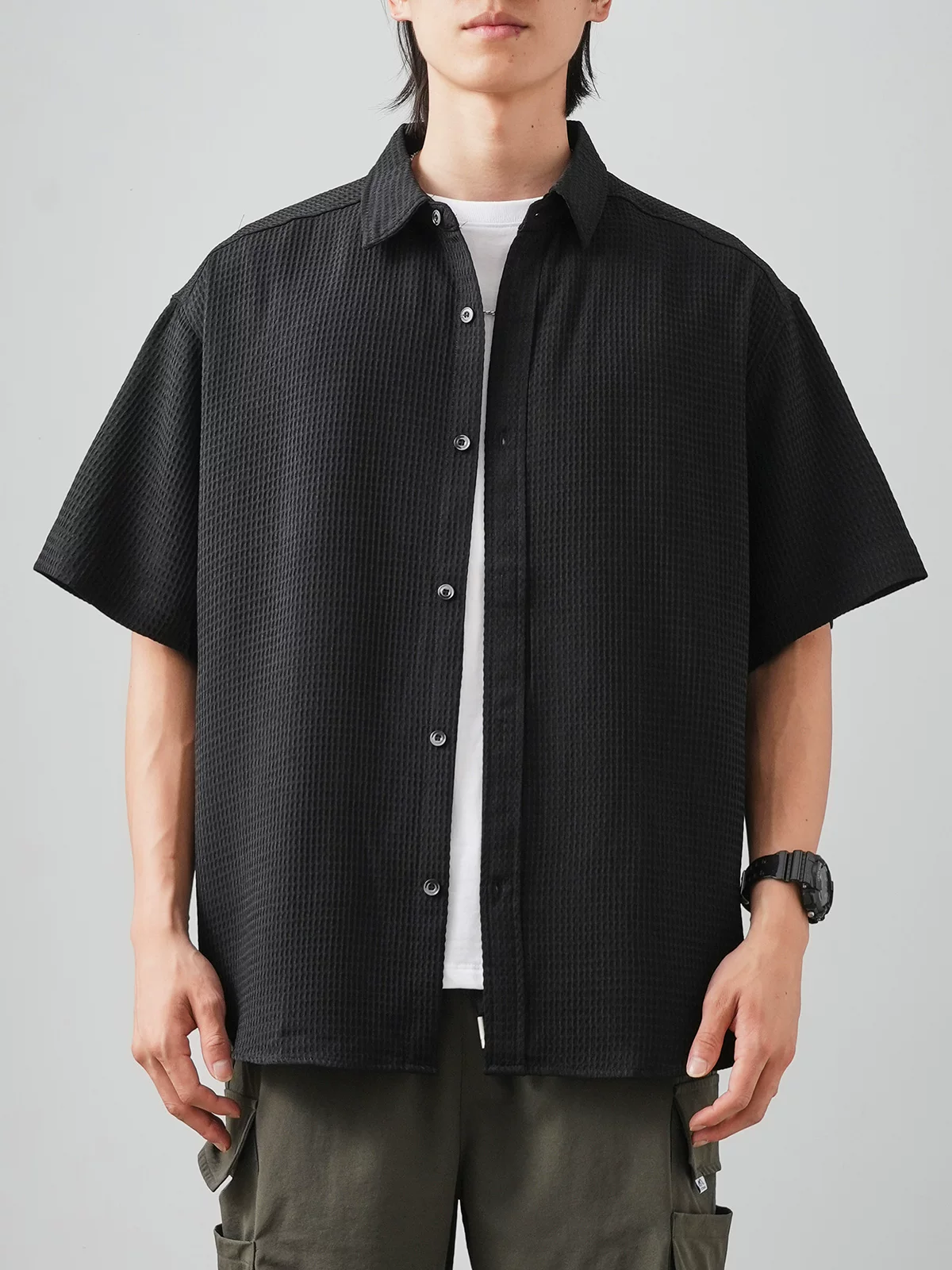 OMZM Áo sơ mi ngắn tay kiểu waffle cao cấp kiểu Mỹ dành cho nam, áo mỏng bằng lụa băng mùa hè, áo khoác rộng rãi chống nhăn, hợp thời trang.