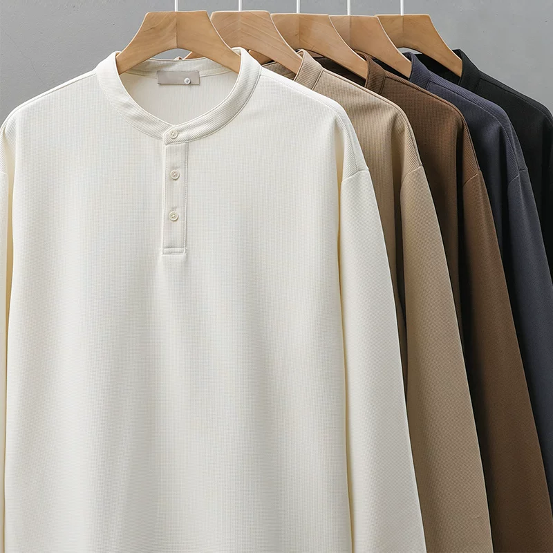 Áo thun dài tay kiểu waffle hạng nặng kiểu Mỹ OMZM dành cho nam, áo sơ mi cổ Henry màu trơn cao cấp mới mùa xuân thu