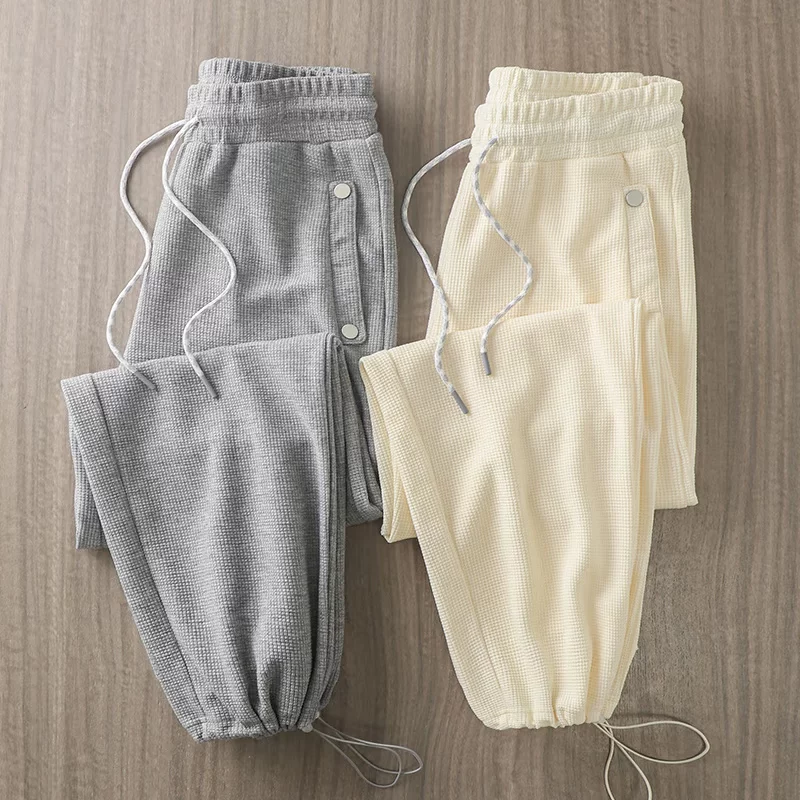 Quần thể thao kiểu waffle hạng nặng kiểu Mỹ của OMZM dành cho nam, quần jogger có dây rút rộng rãi mùa xuân và mùa thu, quần thể thao màu xám