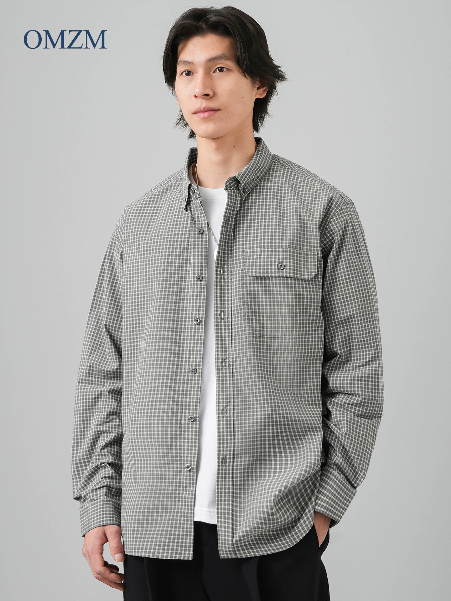 Áo sơ mi kẻ sọc cotton nguyên chất OMZM dành cho nam, áo sơ mi dài tay dáng rộng phong cách Nhật Bản mùa thu, áo khoác kẻ sọc màu xanh phong cách lười biếng