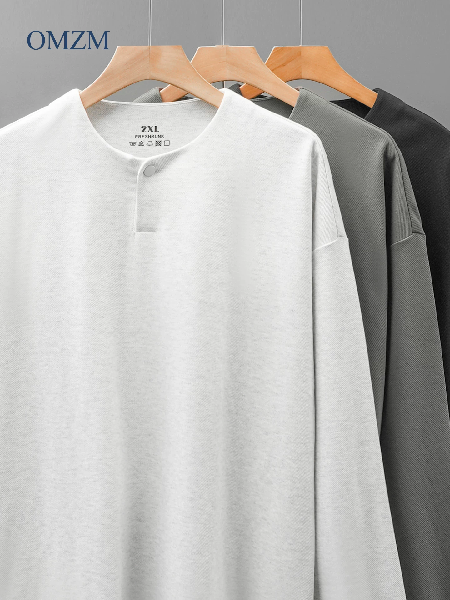 Áo thun dài tay cổ henley hạng nặng OMZM260G dành cho nam, áo sơ mi màu trắng phong cách Mỹ mùa thu, áo sơ mi mùa thu lớp trong, áo sơ mi henley.