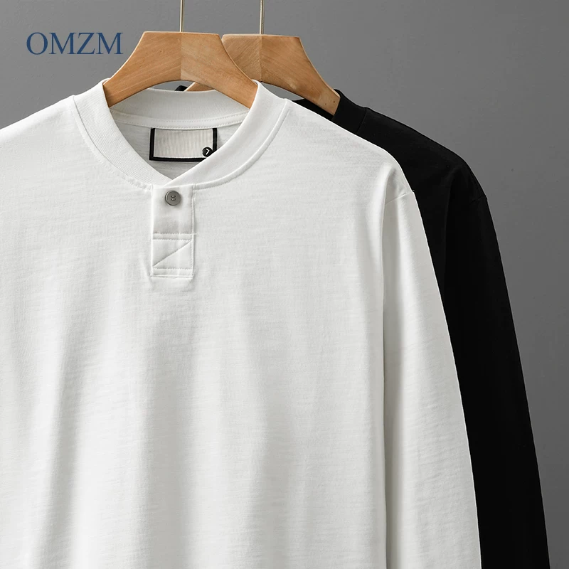 Áo thun dài tay bằng vải cotton tre nặng 320G kiểu Mỹ dành cho nam, áo sơ mi cổ điển bằng cotton nguyên chất mùa xuân và mùa thu, áo len cổ bóng chày màu trơn