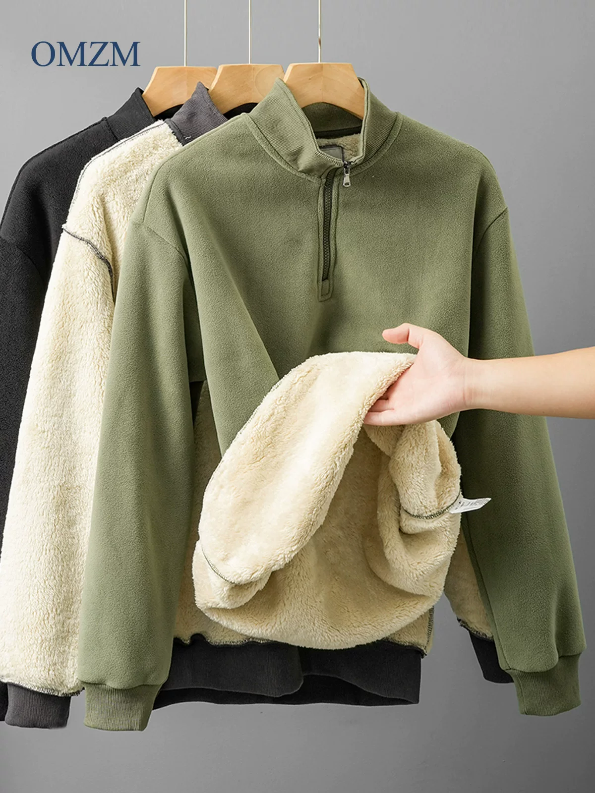 Áo len lông cừu dày OMZM600G dành cho nam, áo khoác nửa khóa kéo lót lông cừu dày dặn mùa đông, áo khoác lông cừu cổ đứng ấm áp