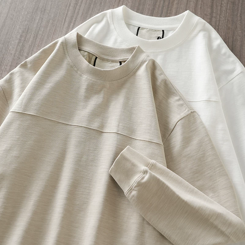 Áo thun dài tay bằng vải cotton tre hạng nặng OMZM320G dành cho nam, áo sơ mi lớp nền mỏng mùa xuân thu, áo len cổ tròn bằng cotton chải kỹ