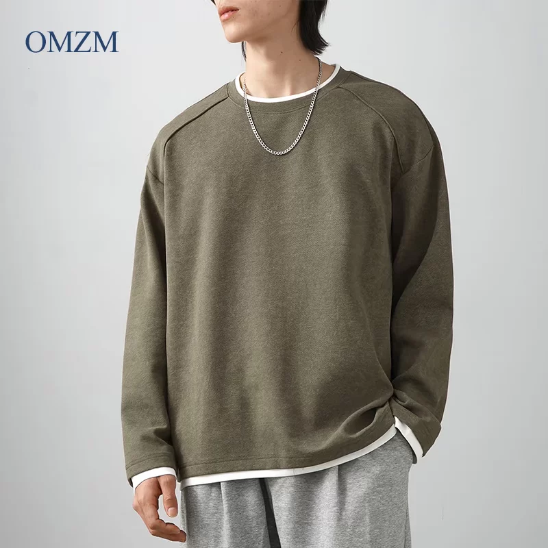 Áo thun dài tay giả hai mảnh kiểu Mỹ 320G dành cho nam, áo len cổ tròn màu trơn mùa xuân, áo lót cổ điển.