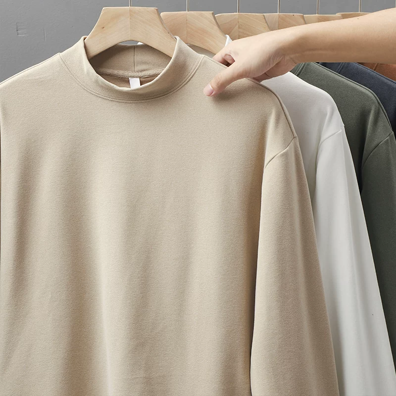 Áo thun dài tay hạng nặng 320G kiểu Mỹ dành cho nam, áo sơ mi cổ cao nửa cổ nhung Đức hai mặt mùa thu đông, áo nỉ cổ trung màu trơn dành cho nam.