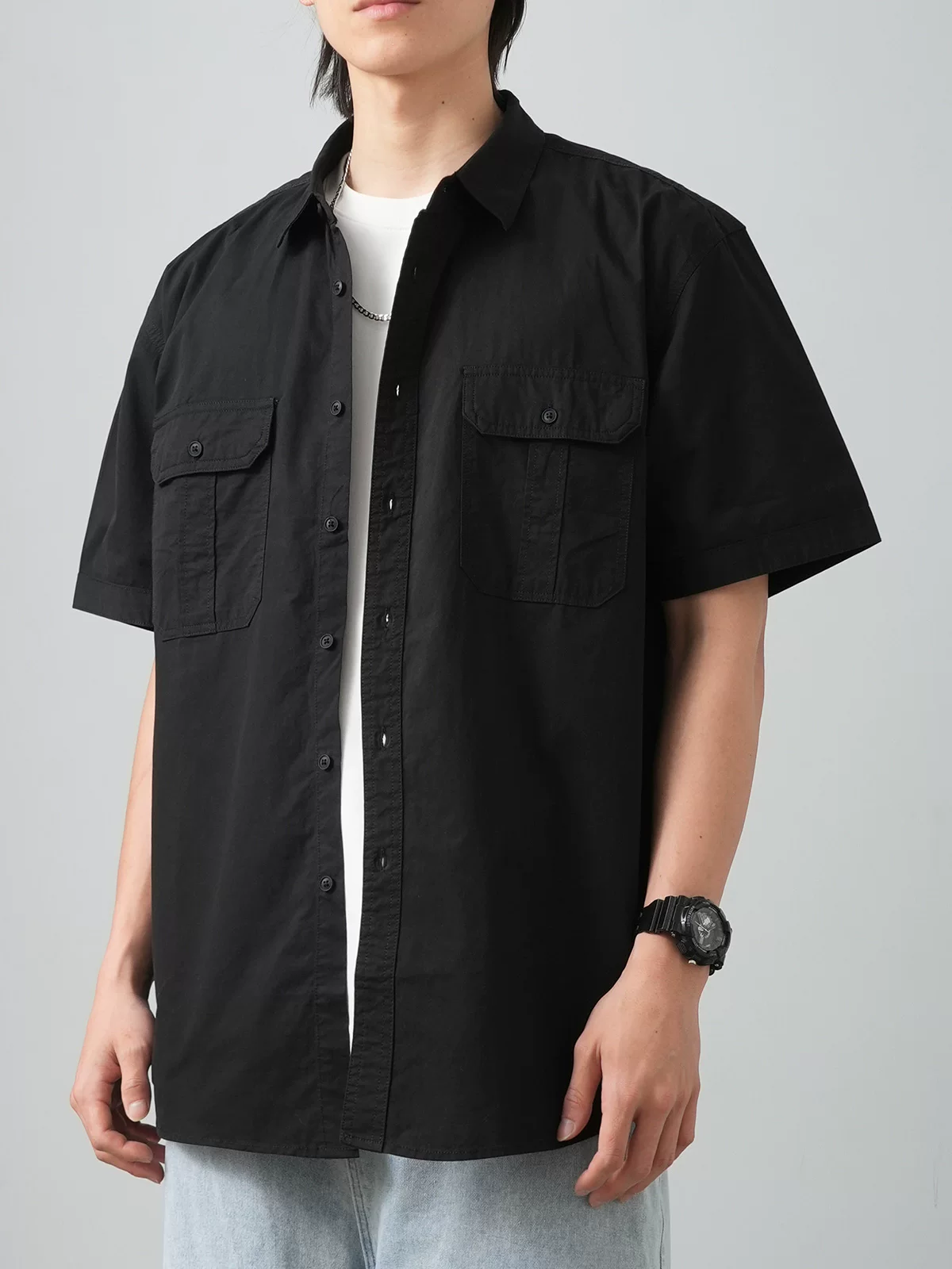 Áo sơ mi công sở cotton dày kiểu Mỹ OMZM dành cho nam, tay ngắn, mùa hè, cao cấp, dáng rộng, áo khoác sơ mi trắng có túi