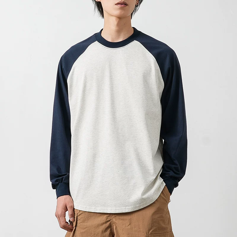 Áo thun nam tay raglan phối màu, chất liệu dày dặn 260G kiểu Mỹ, áo sweatshirt cổ tròn vintage tay dài mùa xuân thu, áo thun rộng rãi