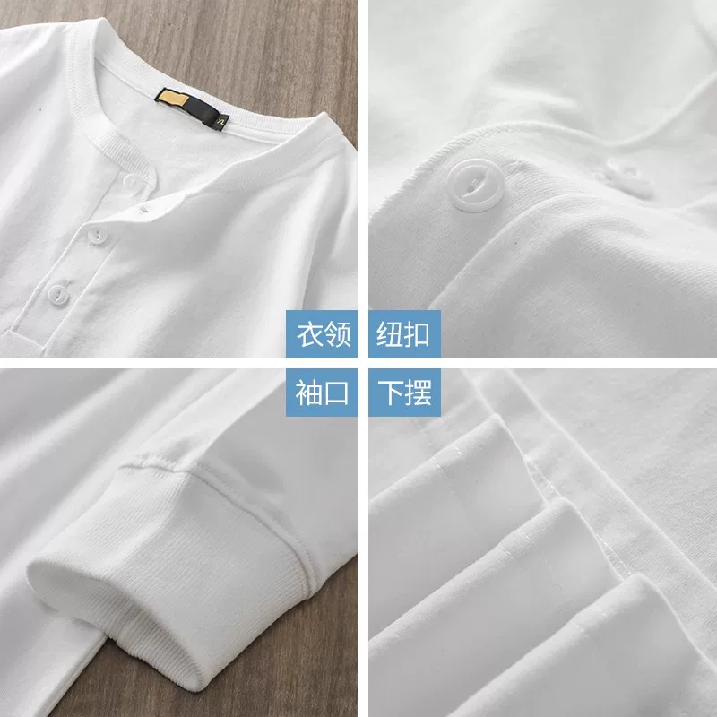 Áo thun cổ Henry nặng 400G ba kim dành cho nam, dài tay, áo len dáng rộng phong cách Mỹ mùa thu, chất liệu cotton nguyên chất, áo trơn màu.