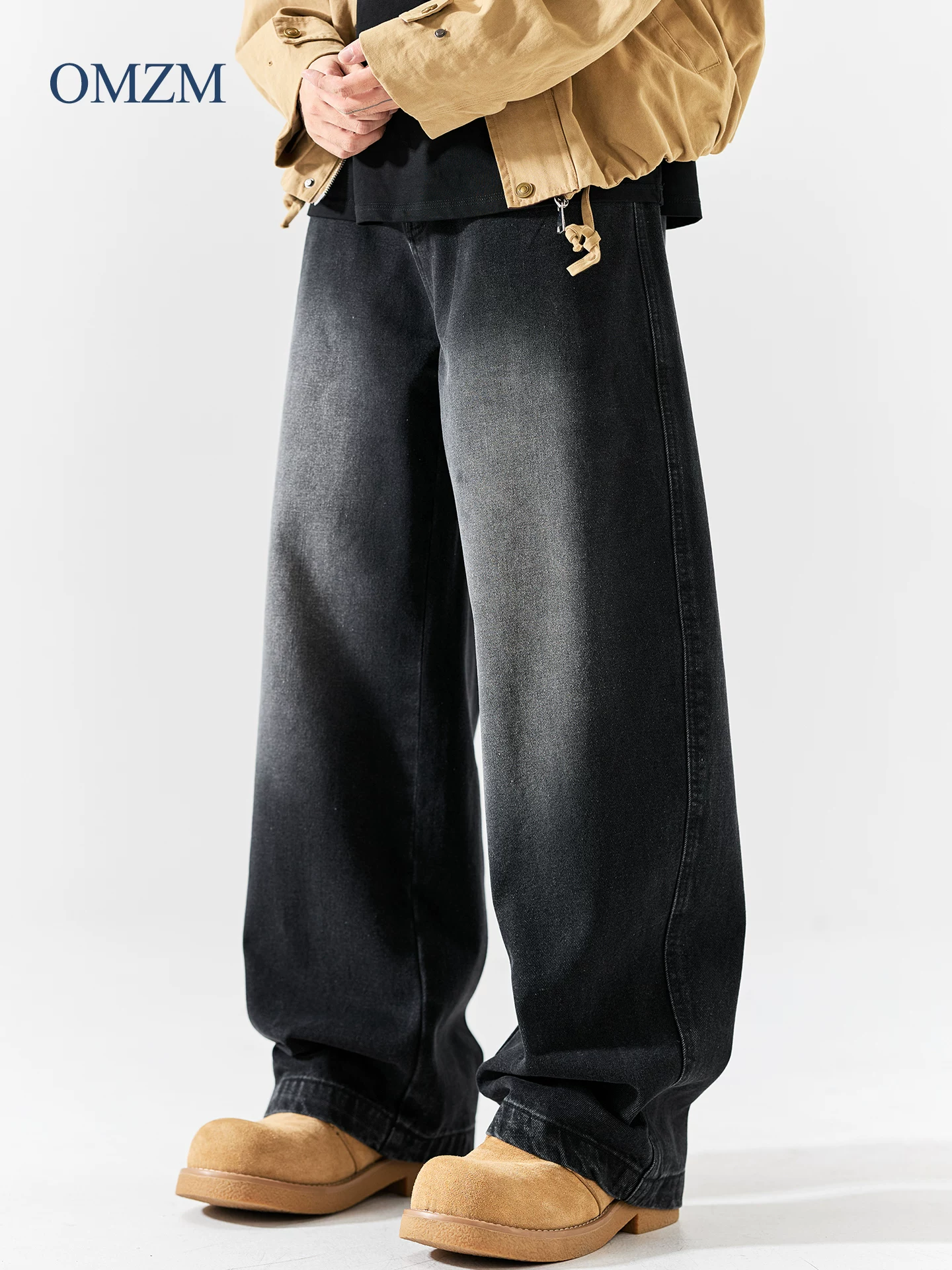 Quần jean denim nặng, giặt mài kiểu OMZM480G dành cho nam, phong cách retro Mỹ mùa thu, dáng rộng, ống thẳng, quần thể thao