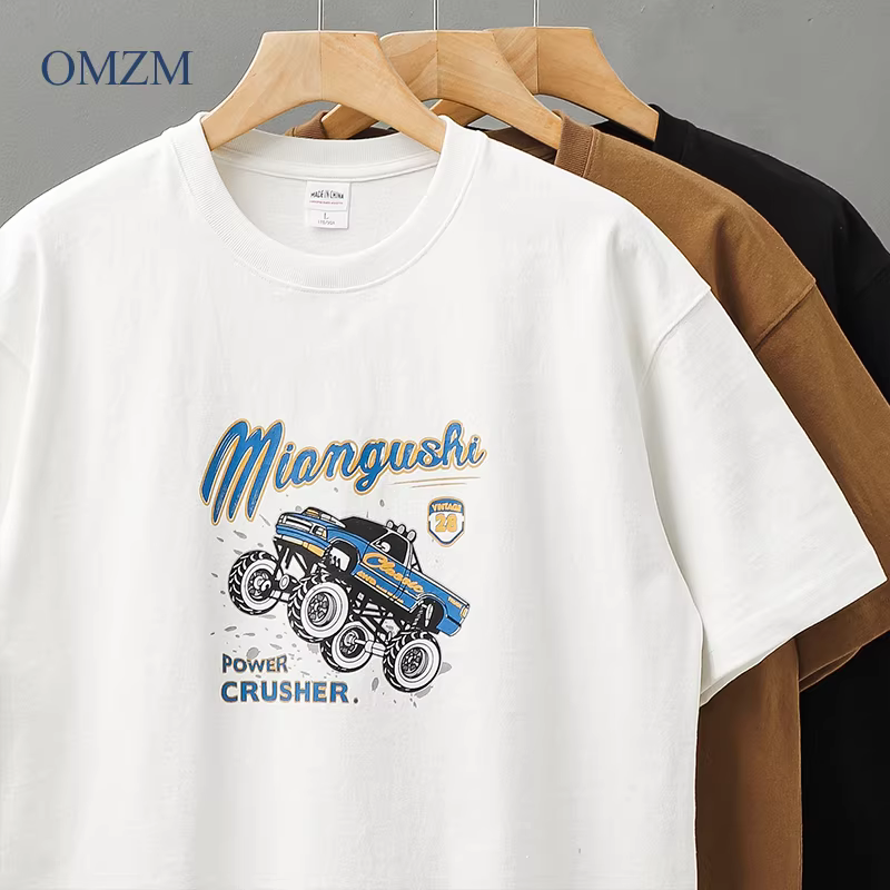 Áo thun ngắn tay hạng nặng 350g kiểu Mỹ dành cho nam, thương hiệu hợp thời trang mùa hè, in hình xe địa hình đường phố, chất liệu cotton nguyên chất màu trơn nửa tay.