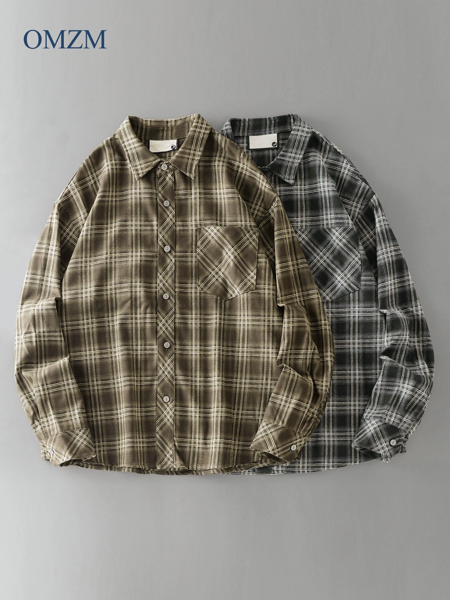OMZM hạng nặng áo sơ mi kẻ sọc flannel nam dài tay mùa thu Mỹ cổ điển áo sơ mi kẻ sọc chải cardigan áo khoác