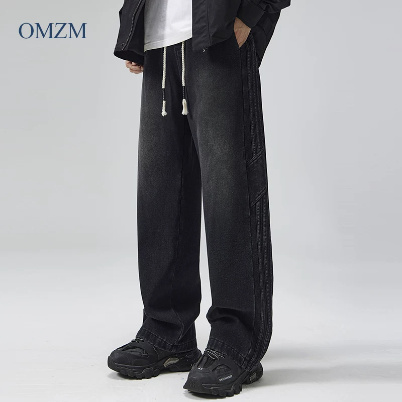 Quần jean lót lông cừu hạng nặng kiểu cổ điển OMZM dành cho nam, ống thẳng, phong cách cổ điển, thương hiệu hợp thời trang, dày dặn, ấm áp, quần ống rộng rộng rãi.