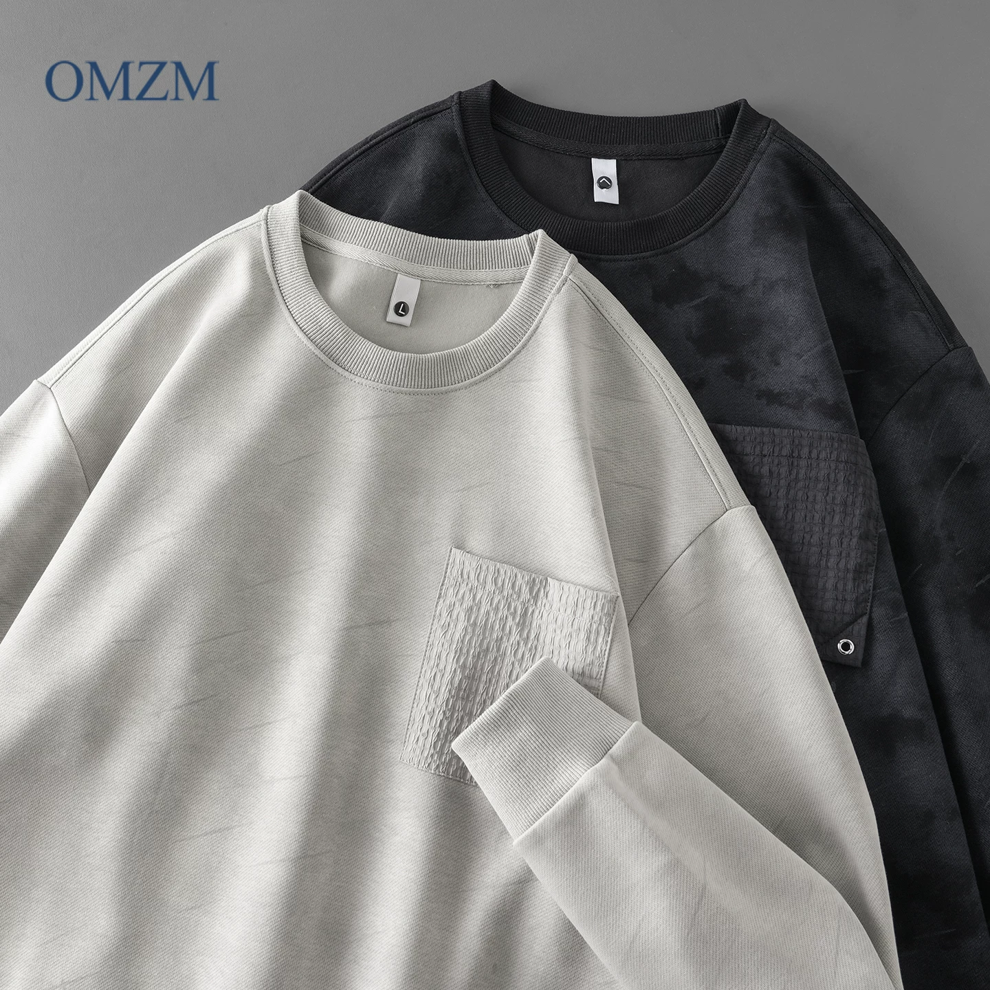 Áo len bỏ túi hạng nặng OMZM310G dành cho nam, áo sơ mi dài tay cổ tròn nhuộm màu phong cách Mỹ mùa thu, áo sơ mi màu trơn bên trong rộng rãi