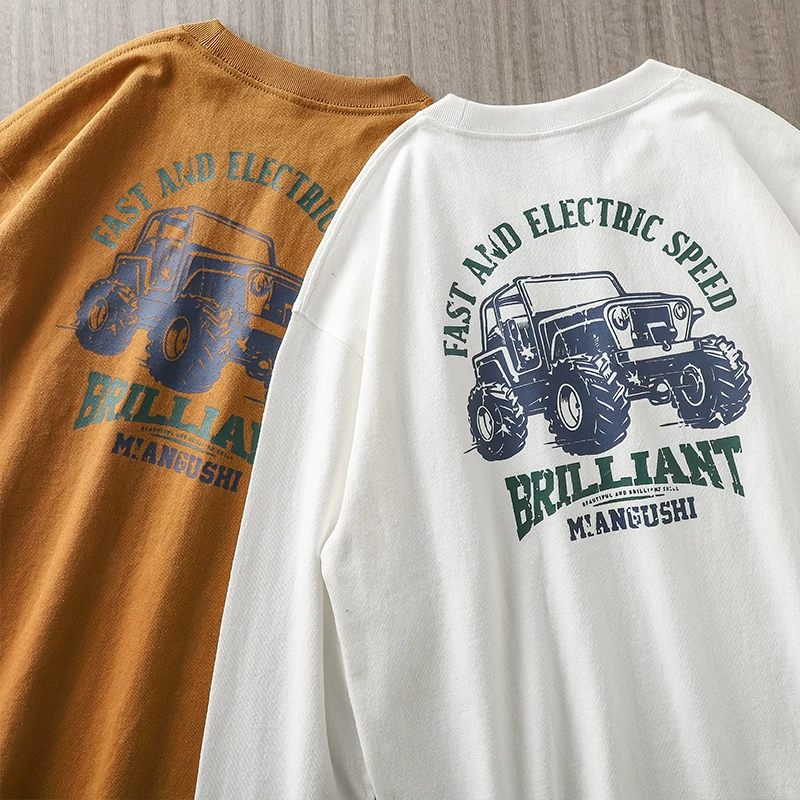 OMZM Áo thun dài tay bằng cotton nguyên chất hạng nặng 320G phong cách Mỹ dành cho nam, áo thun cổ tròn in hình xe địa hình dáng rộng hợp thời trang mùa thu