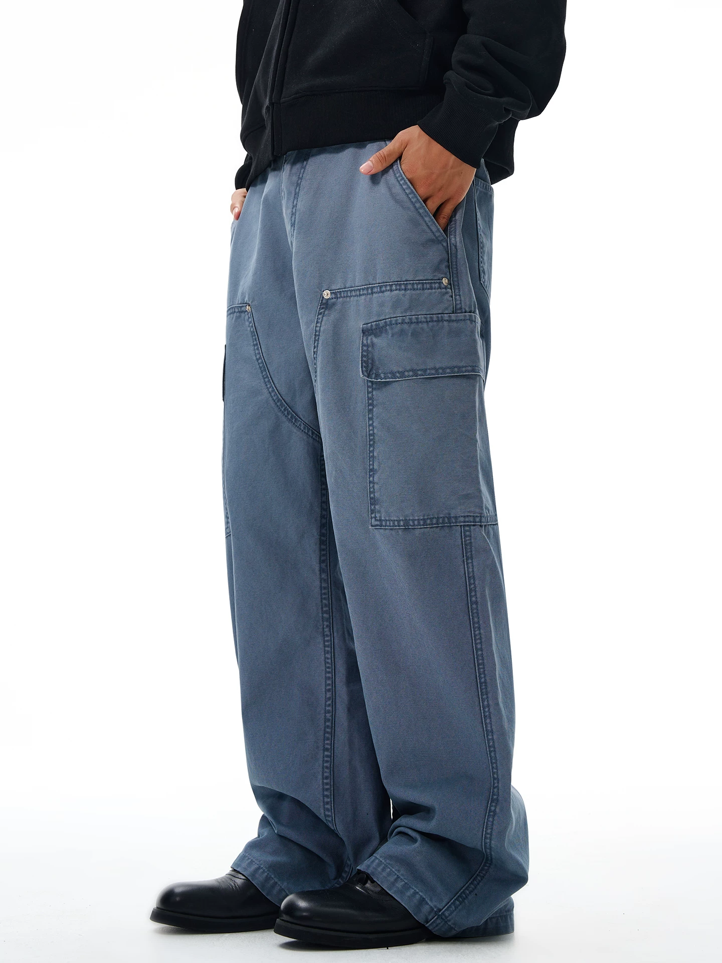 Quần công nhân lâm công kiểu Mỹ OMZM dành cho nam, quần dài ống thẳng dáng rộng màu trơn cổ điển mùa đông có nhiều túi, quần thường ngày