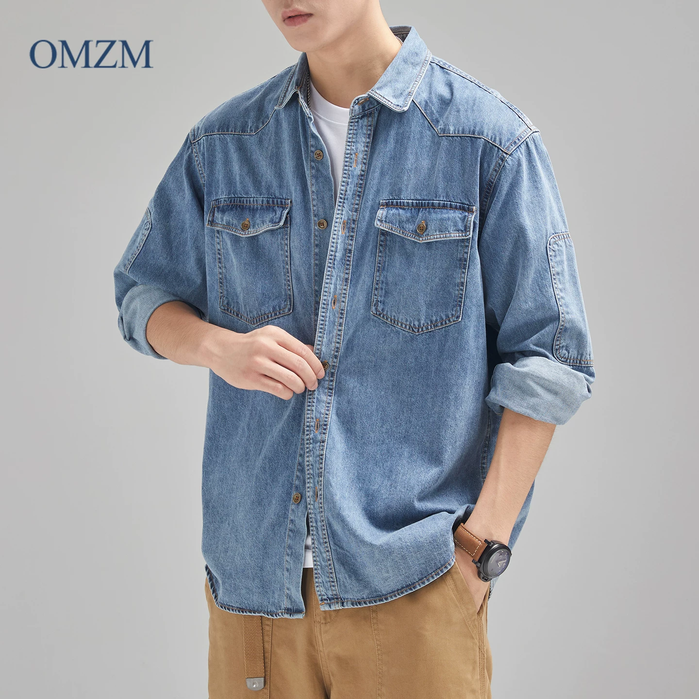 Áo sơ mi denim dày kiểu Mỹ OMZM dành cho nam, thương hiệu hợp thời trang mùa xuân thu, áo sơ mi có cổ kiểu vintage, áo khoác mỏng