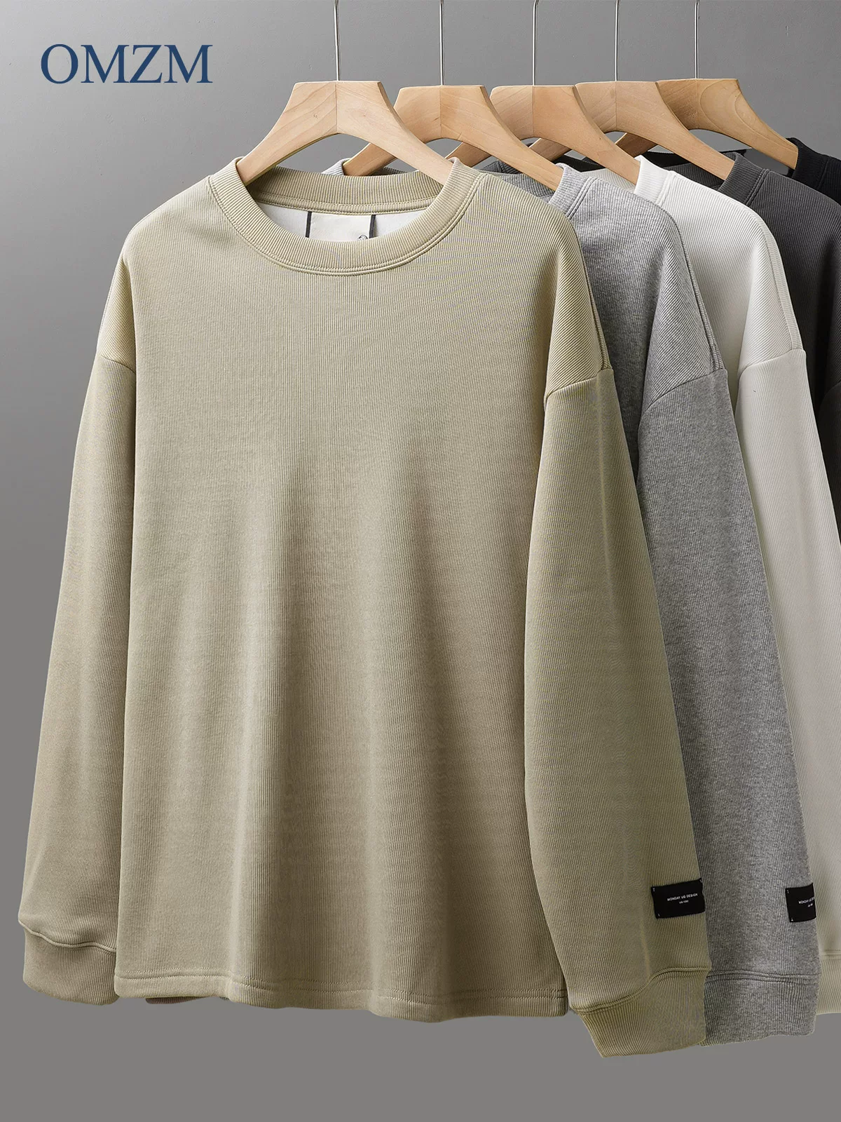 Áo len cổ tròn nhung bạc hạng nặng OMZM400G dành cho nam, áo sơ mi dài tay màu trơn phong cách cổ điển Mỹ mùa thu đông