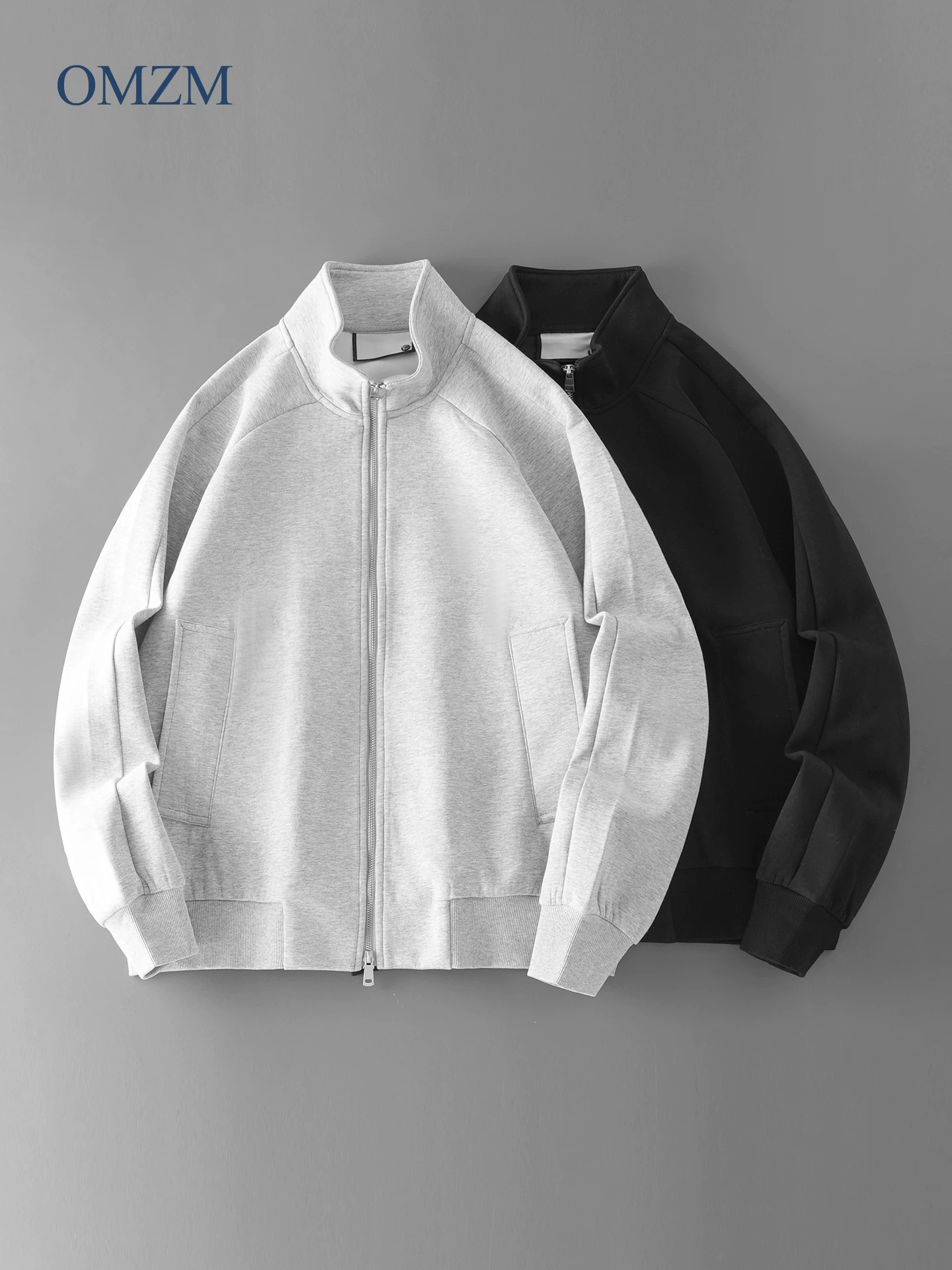 Áo len cardigan cổ đứng hạng nặng OMZM400G dành cho nam, áo khoác có khóa kéo chắp vá được thiết kế lại cho mùa thu đông, áo khoác dáng rộng