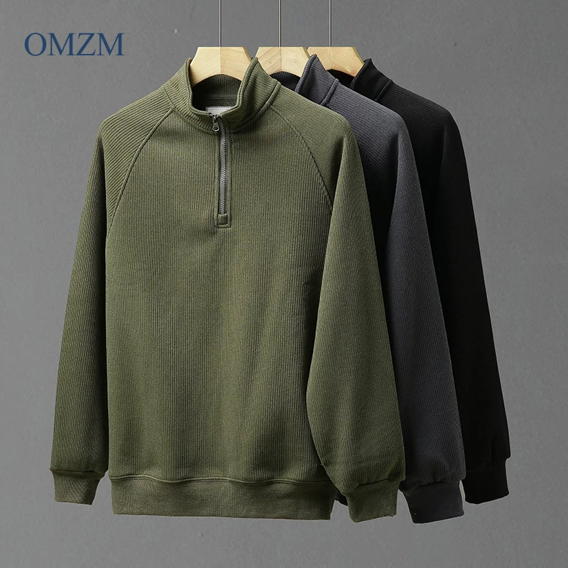 Áo len nỉ dày dặn 470G dành cho nam, áo len chui đầu giữ ấm mùa đông với họa tiết dọc, áo khoác cổ đứng nửa khóa kéo.