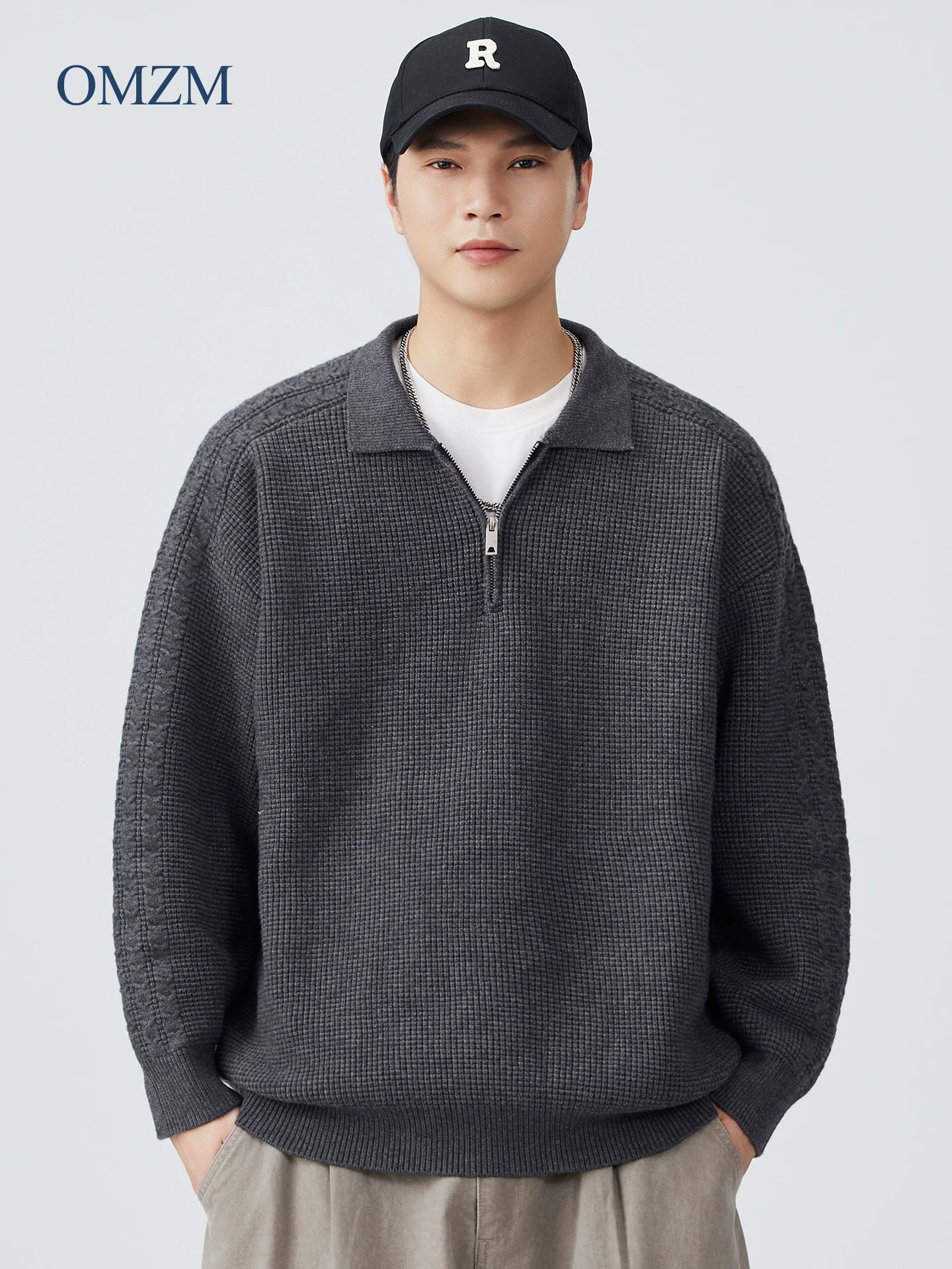 Áo len nửa khóa kéo hạng nặng OMZM800G dành cho nam, áo len cổ trụ dệt kim màu trơn phong cách retro Mỹ mùa thu