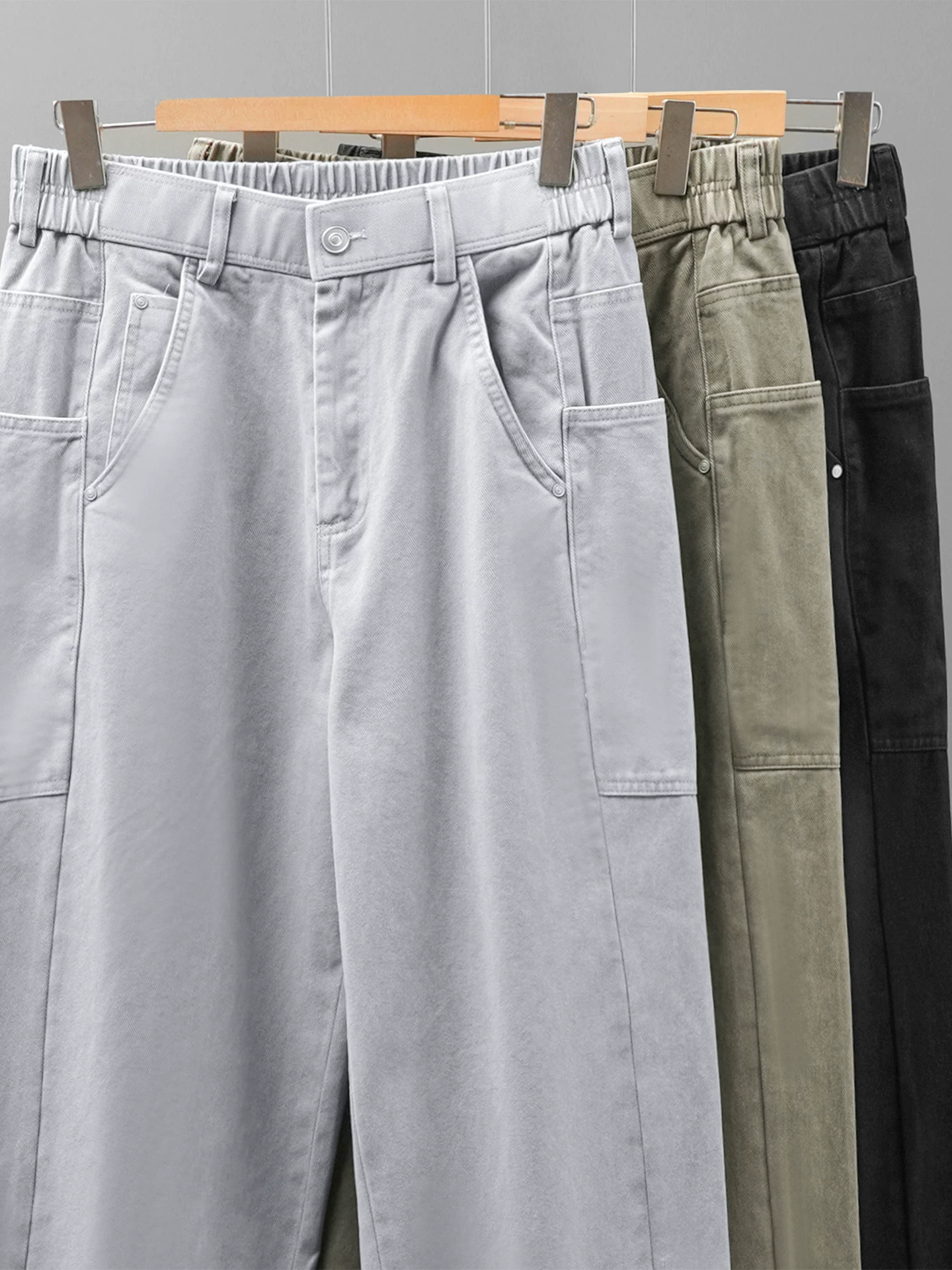 Quần cargo cotton nguyên chất OMZM dành cho nam, phong cách thu đông Hồng Kông, nhiều túi chắp vá, quần dài đơn giản, giản dị, quần ống thẳng cổ điển kiểu Mỹ