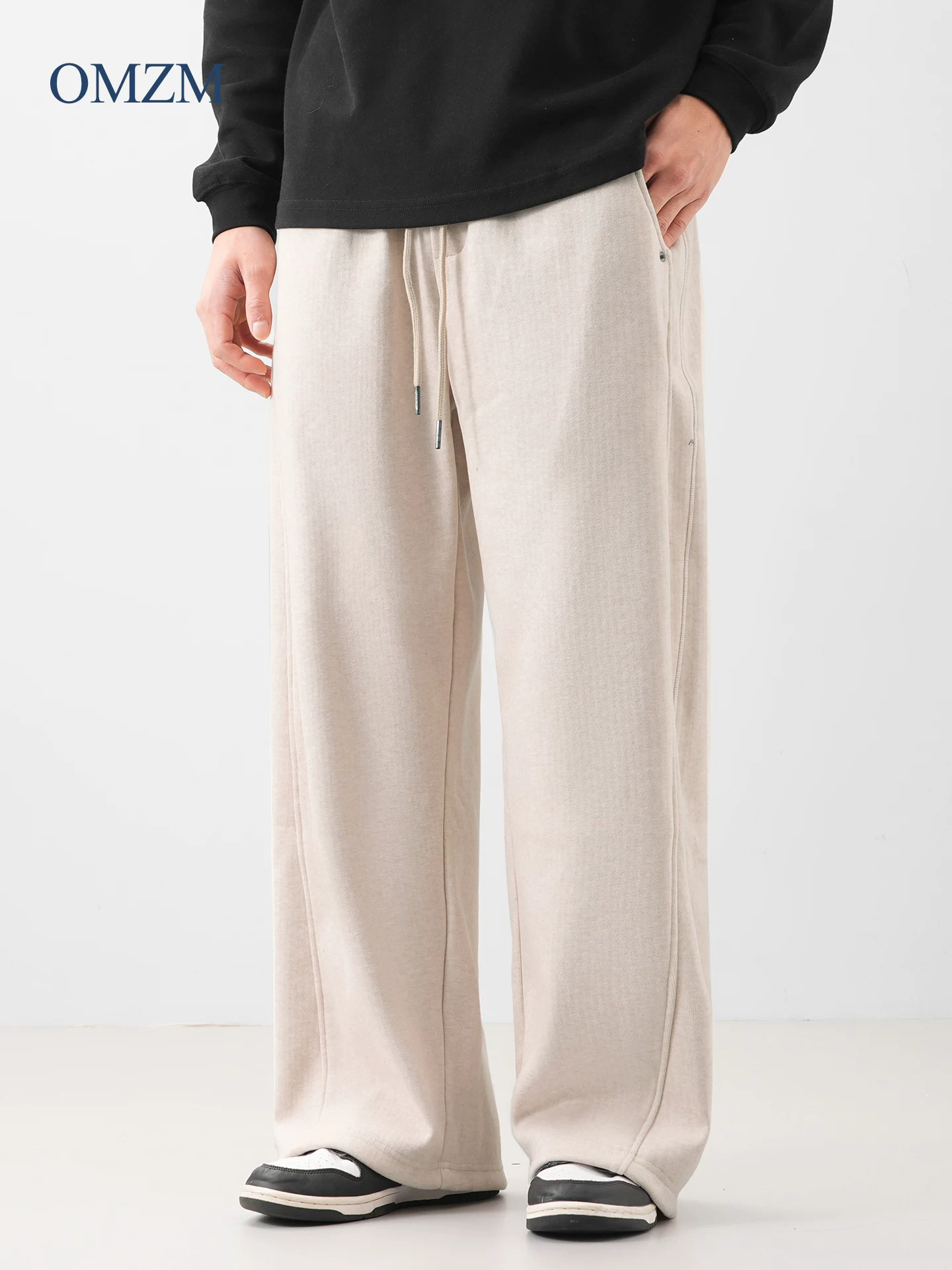 Quần thường ngày lót lông cừu hạng nặng OMZM480G dành cho nam, quần thường ngày ống rộng dáng thẳng mùa thu đông, quần ống rộng kiểu Mỹ.