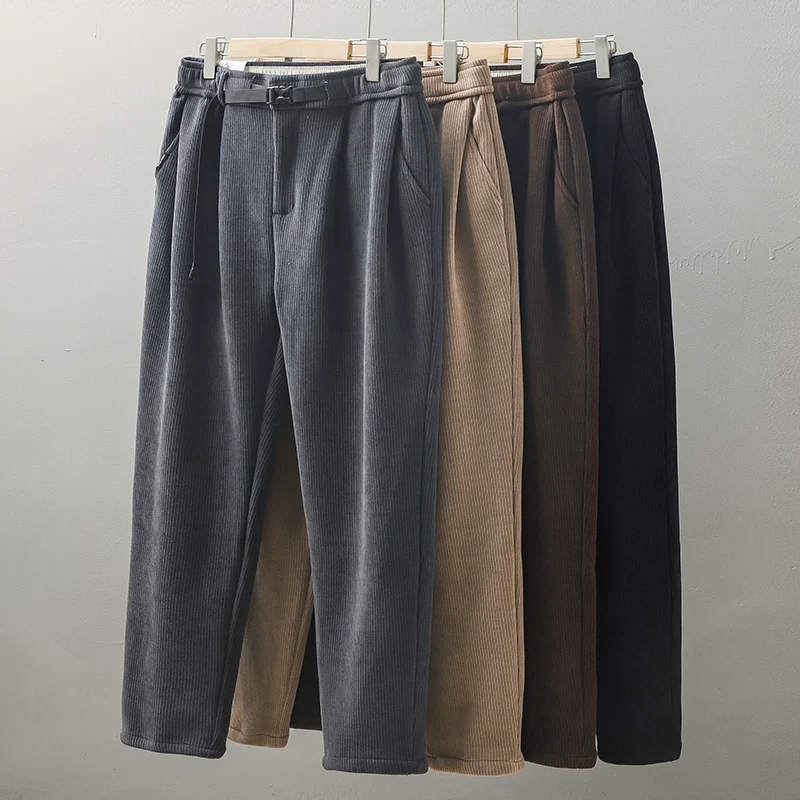 Quần vải nhung dày kiểu Mỹ OMZM dành cho nam, quần ống côn dày lót lông cừu mùa đông, quần ống thẳng vải nhung màu trơn