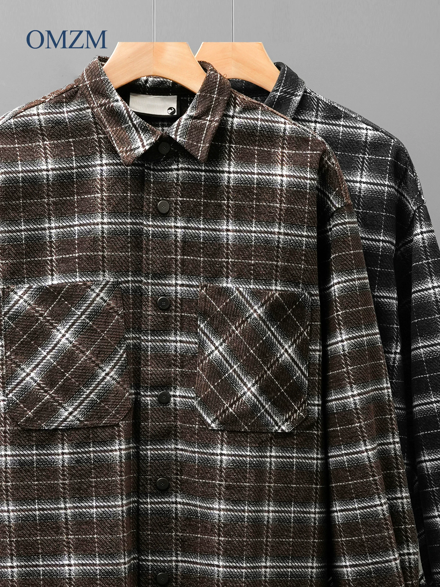 Áo sơ mi dài tay kẻ sọc kiểu Mỹ OMZM dành cho nam, áo sơ mi dáng rộng có túi cổ điển mùa thu, áo khoác oversized có cổ màu sắc tương phản