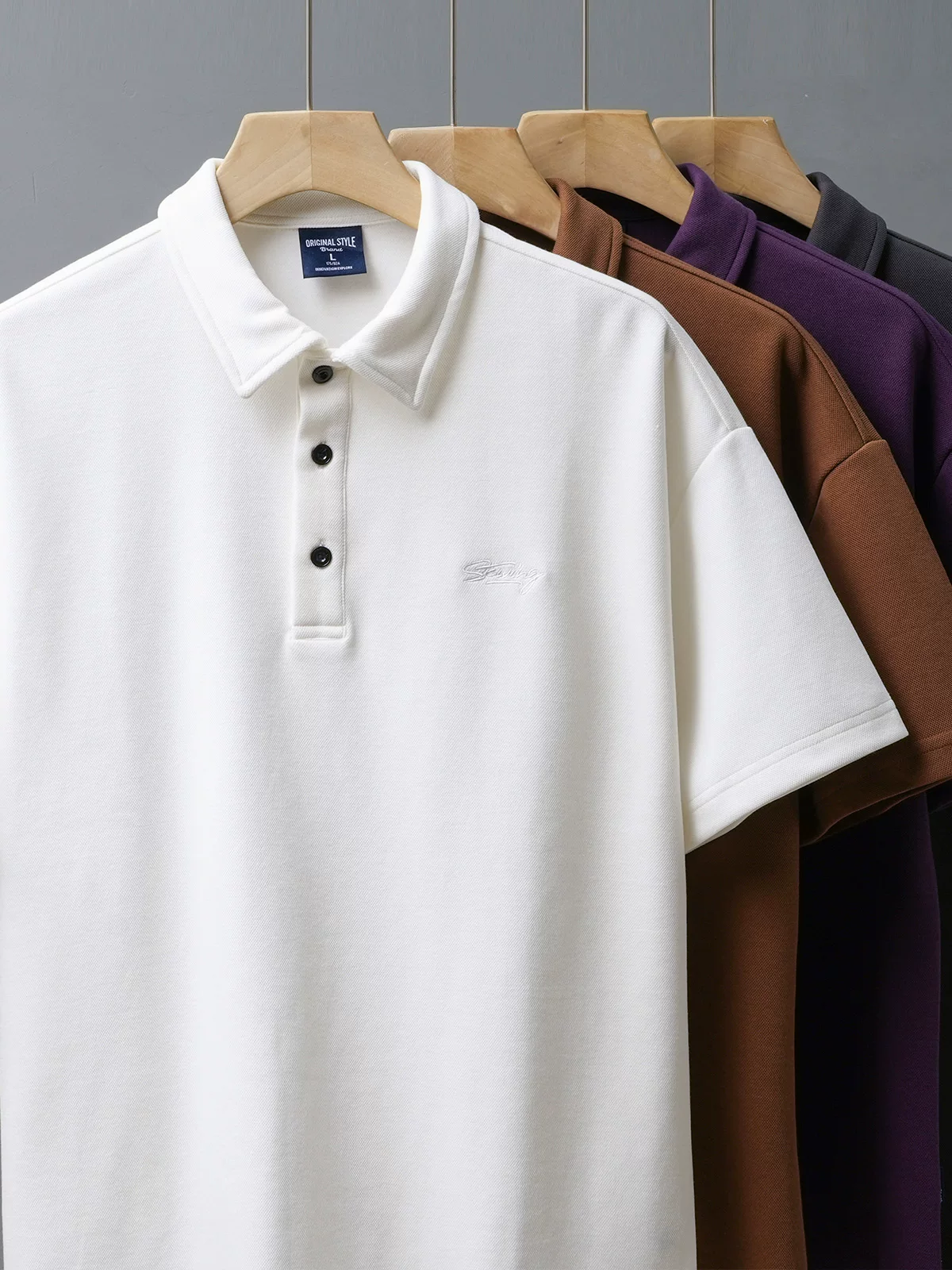 Áo polo nam OMZM kiểu Mỹ chất liệu cotton pique dày 320G, tay ngắn, mùa hè, dáng rộng, cổ trụ, thêu chữ, nửa tay