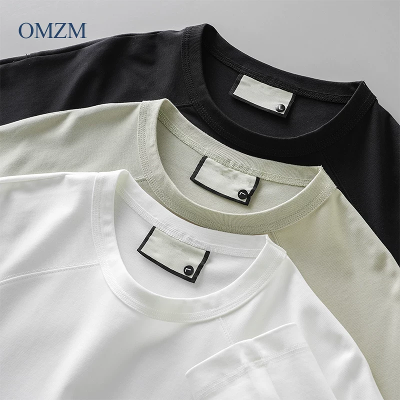 Áo thun nam dài tay hạng nặng OMZM270G, kiểu xuân thu, áo sơ mi cổ tròn màu trắng tinh khiết ba kim, kiểu dáng đơn giản, mặc lót bên trong.